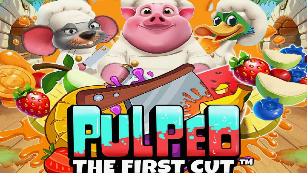 Tampilan visual slot Pulped: The First Cut dengan tema dapur tropis dan karakter koki hewan.