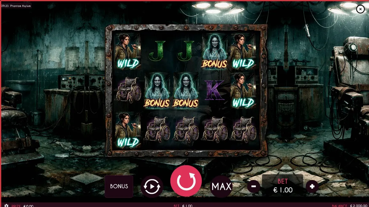 Tampilan visual mencekam dari slot Phantom Asylum dengan nuansa rumah sakit jiwa yang terbengkalai